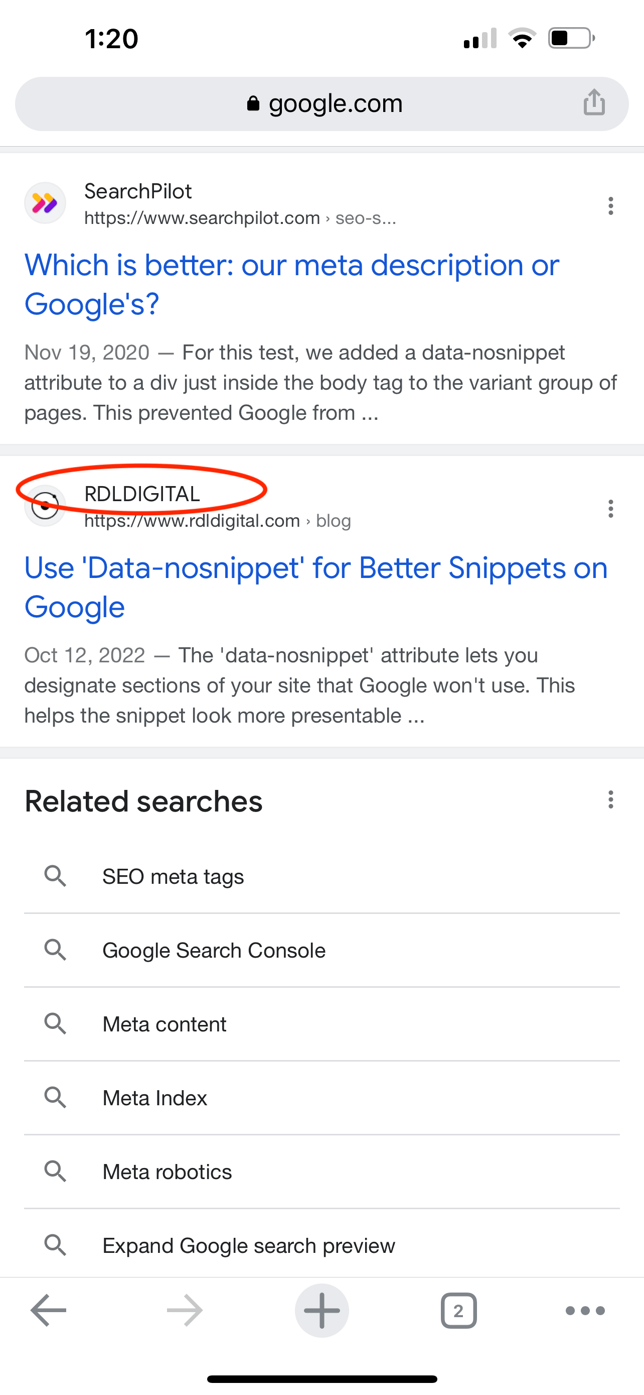 Site Name in Google Mobile Search Results Example