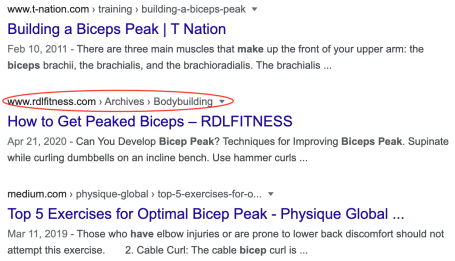 URL Breadcrumbs Structured Data Google SERP Example Circled